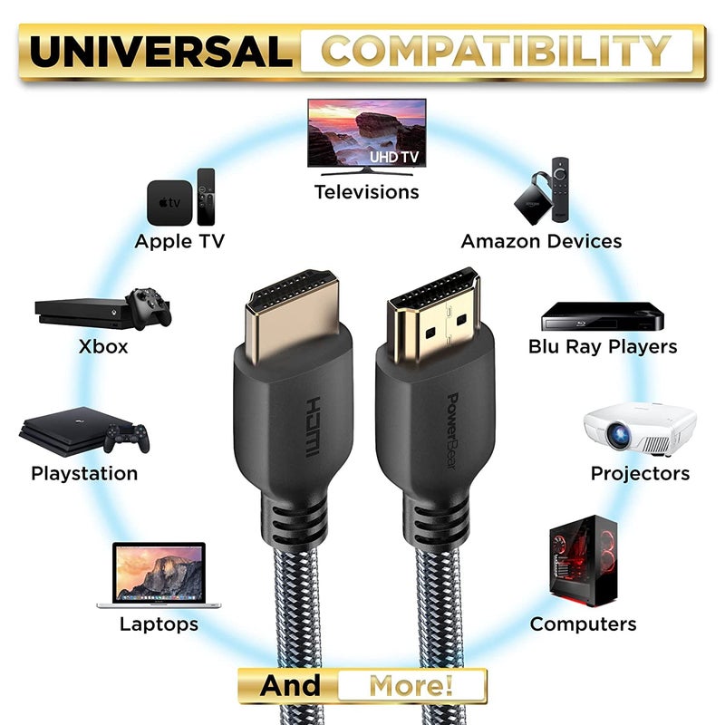PowerBear كابل HDMI 4K من باور بير 3 قدم | كابل HDMI قصير، نايلون مضفر وموصلات ذهبية، 4K @ 60Hz، Ultra HD، 2K، 1080P، ARC وتصنيف CL3 | للابتوب، الشاشة، PS5، PS4، Xbox One، Fire TV، والمزيد - Image 5